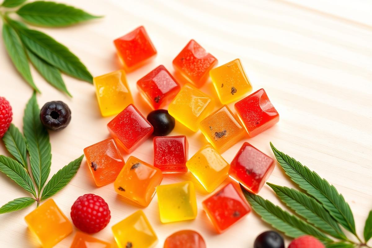 Colorful natural fruit-flavored hemp gummies with berries and hemp leaves