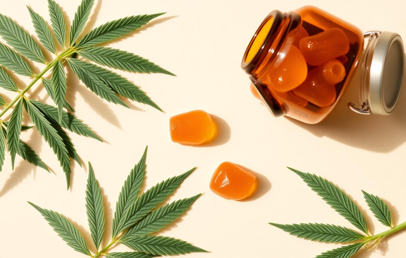 Vital Hemp Gummies in an amber jar with hemp leaves