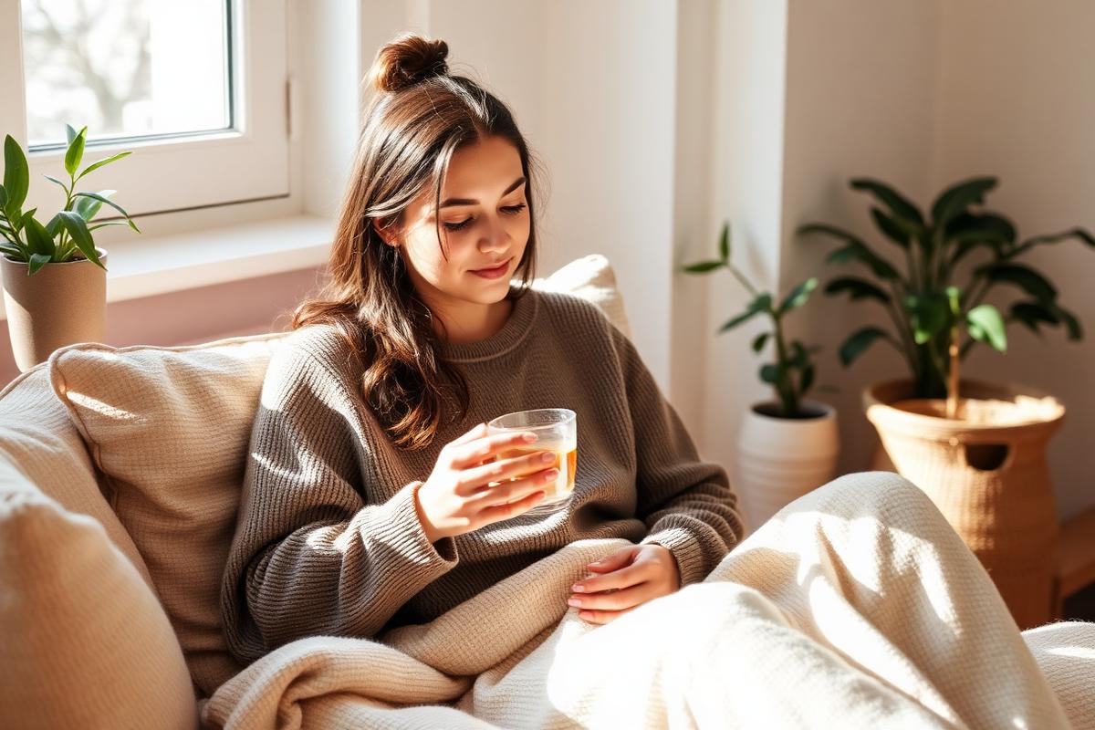 A person relaxing at home with a warm drink